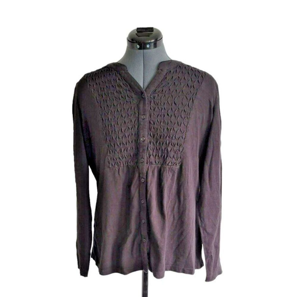 LL Bean Womens Brown Smocked Lattice Front Button Down Long Sleeve Top Size M
